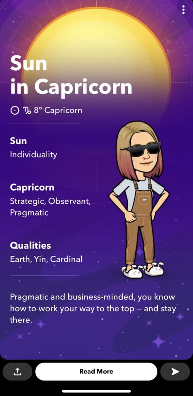 perfil de astrología de snapchat generado a medida que muestra el sol en capricornio
