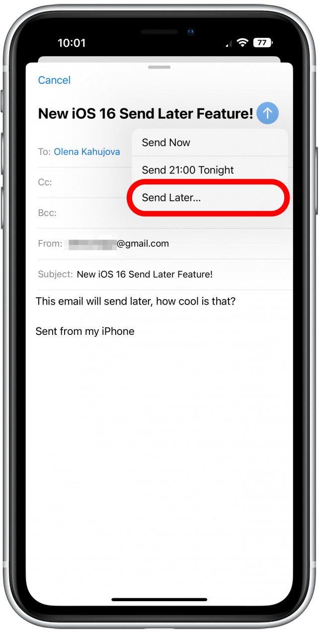 Para enviarlo a una hora de entrega personalizada, toca Enviar más tarde….