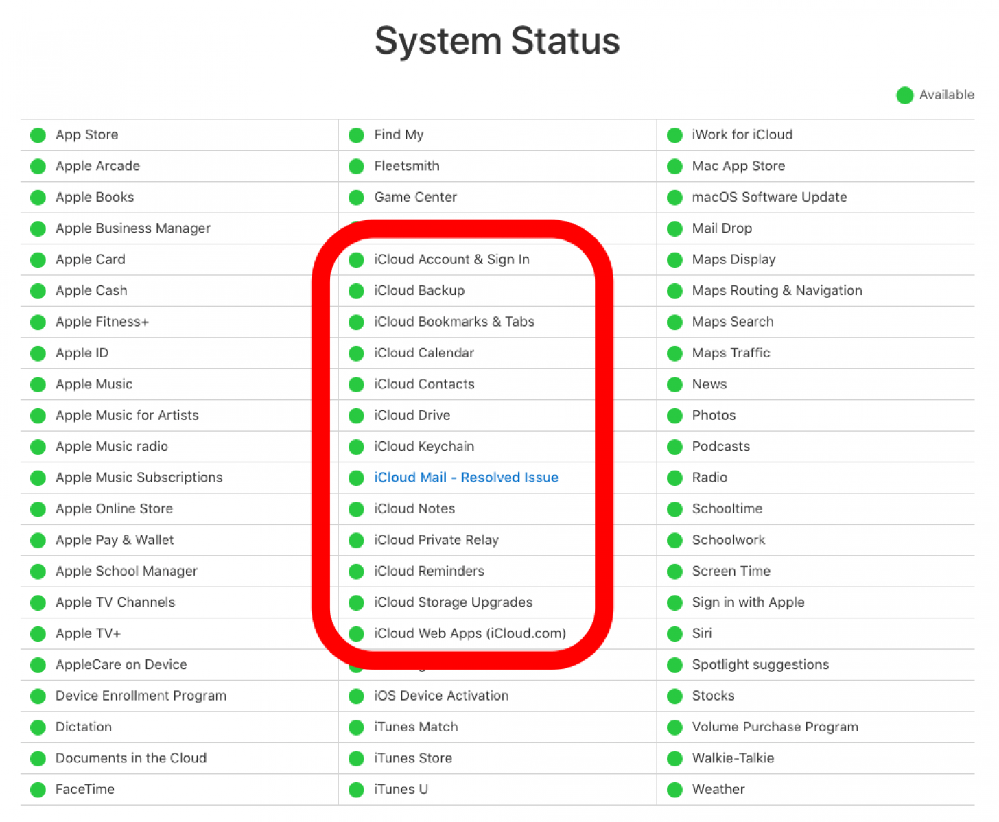 página de estado del sistema Apple