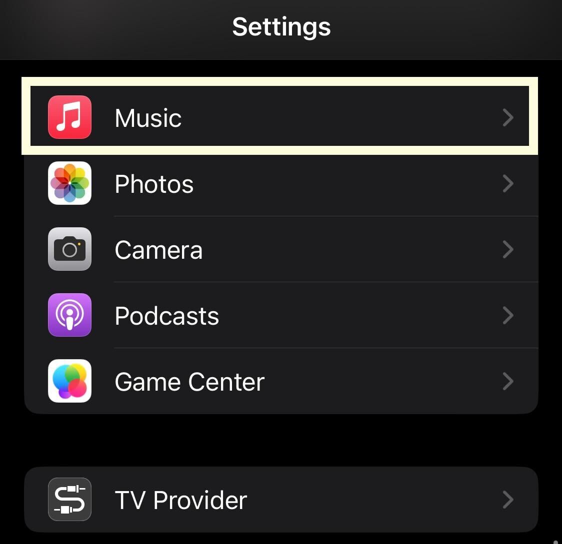 Botón de música en Configuración en iOS