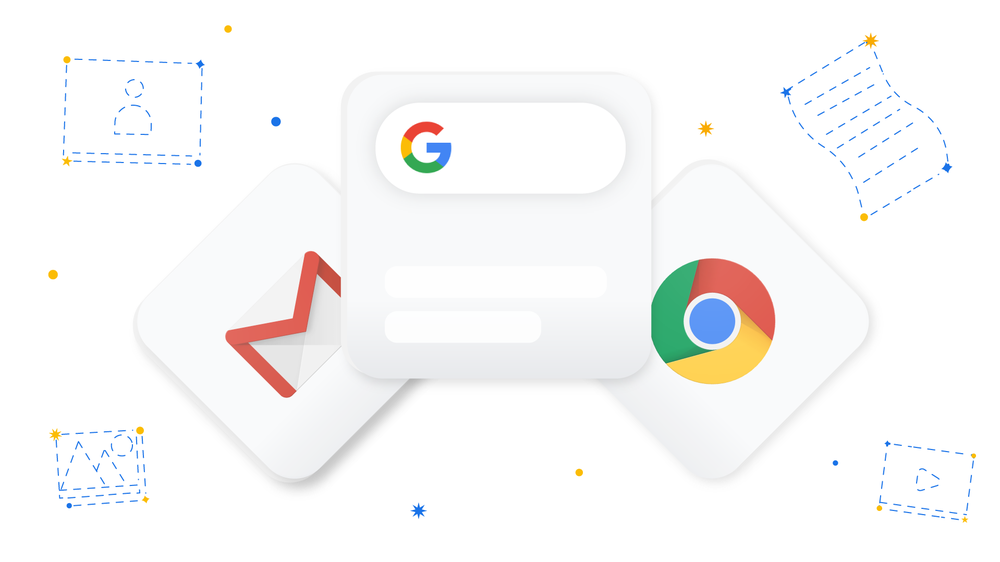 Logotipos de Chrome, barra de búsqueda de Google y Gmail en un fondo blanco