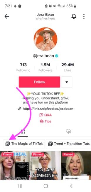 una lista de reproducción de TikTok que aparece en el perfil de @jera.bean llamada "La magia de TikTok"