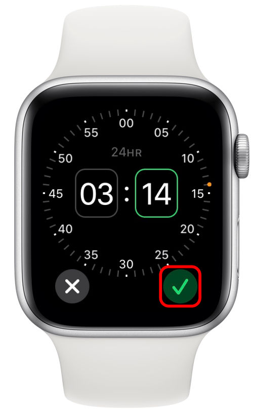 Toque la marca de verificación verde para confirmar la hora de su alarma.