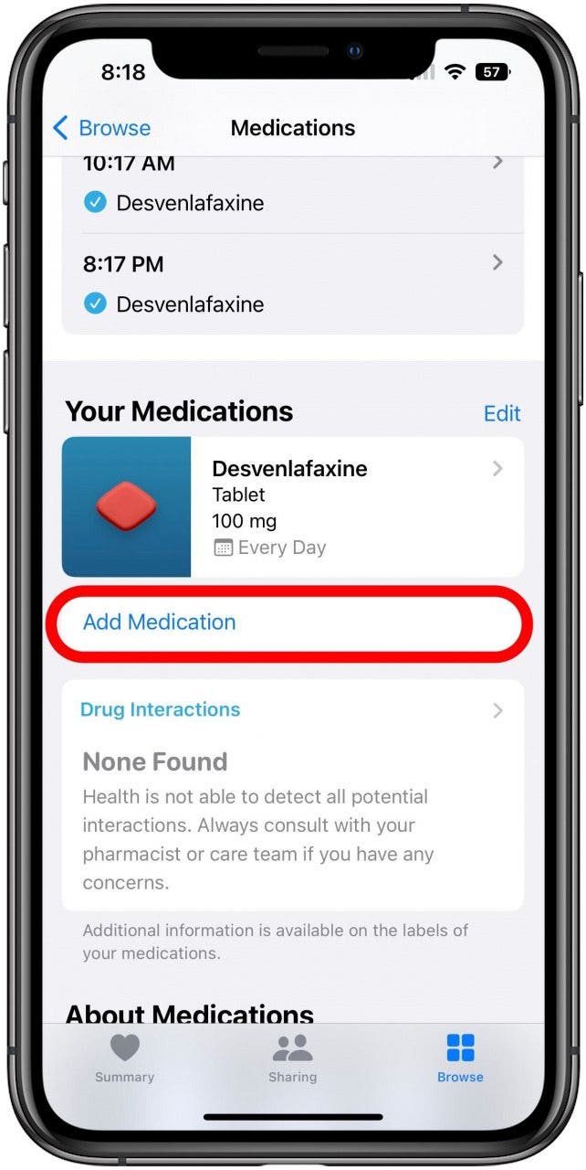 Aplicación de salud en la pantalla Medicamentos con la opción Agregar medicamento marcada.