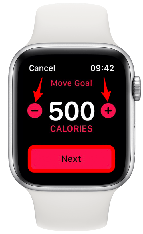Toque el signo más para agregar calorías y el signo menos para restar calorías: Apple Watch calorías quemadas