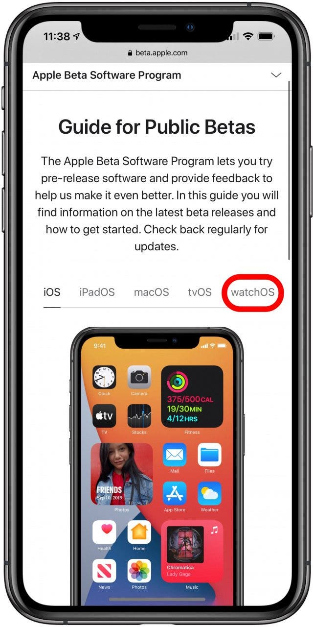 Una vez que su iPhone esté inscrito, use este enlace o toque watchOS en la página del Programa de software Beta de Apple.