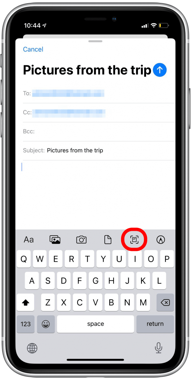 Toque el icono de escaneo para adjuntar un escaneo al correo electrónico