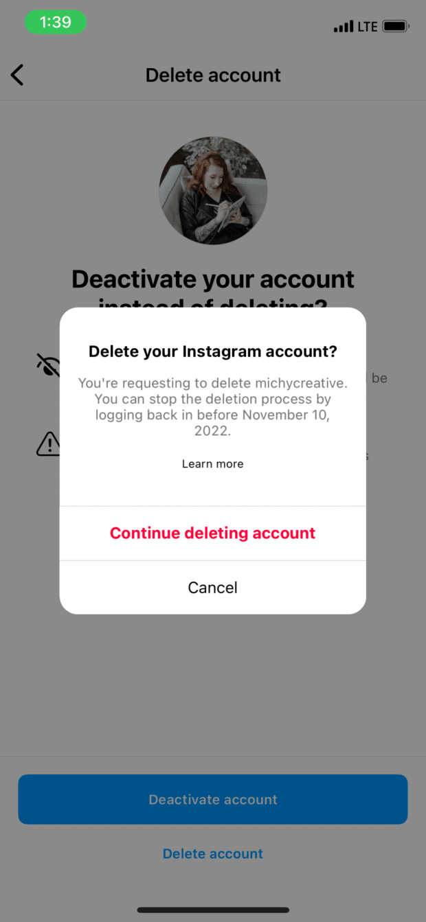 continuar eliminando cuenta de Instagram