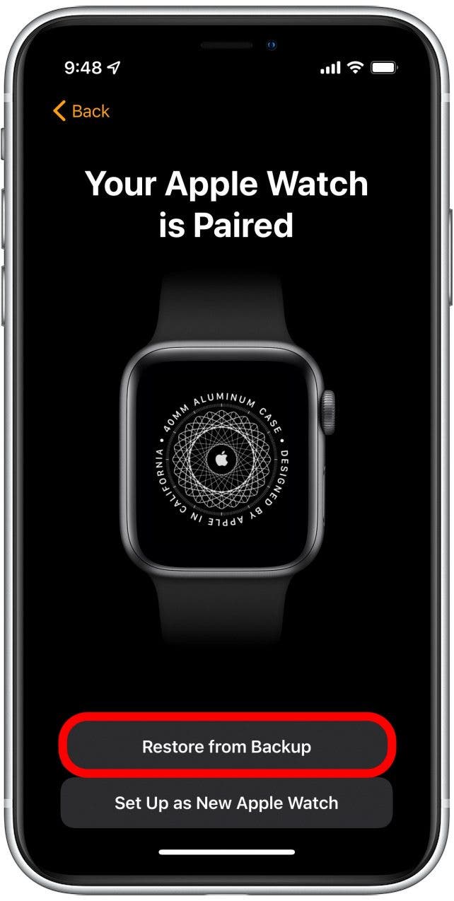 Después de volver a emparejar su Apple Watch, asegúrese de tocar Restaurar desde copia de seguridad para recuperar sus datos perdidos.