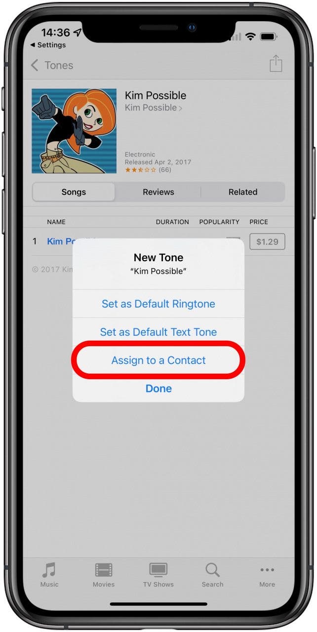 Simplemente siga los pasos en Cómo comprar un tono de mensaje de texto de Tone Store y toque Establecer como Asignar a contacto en el paso 12.