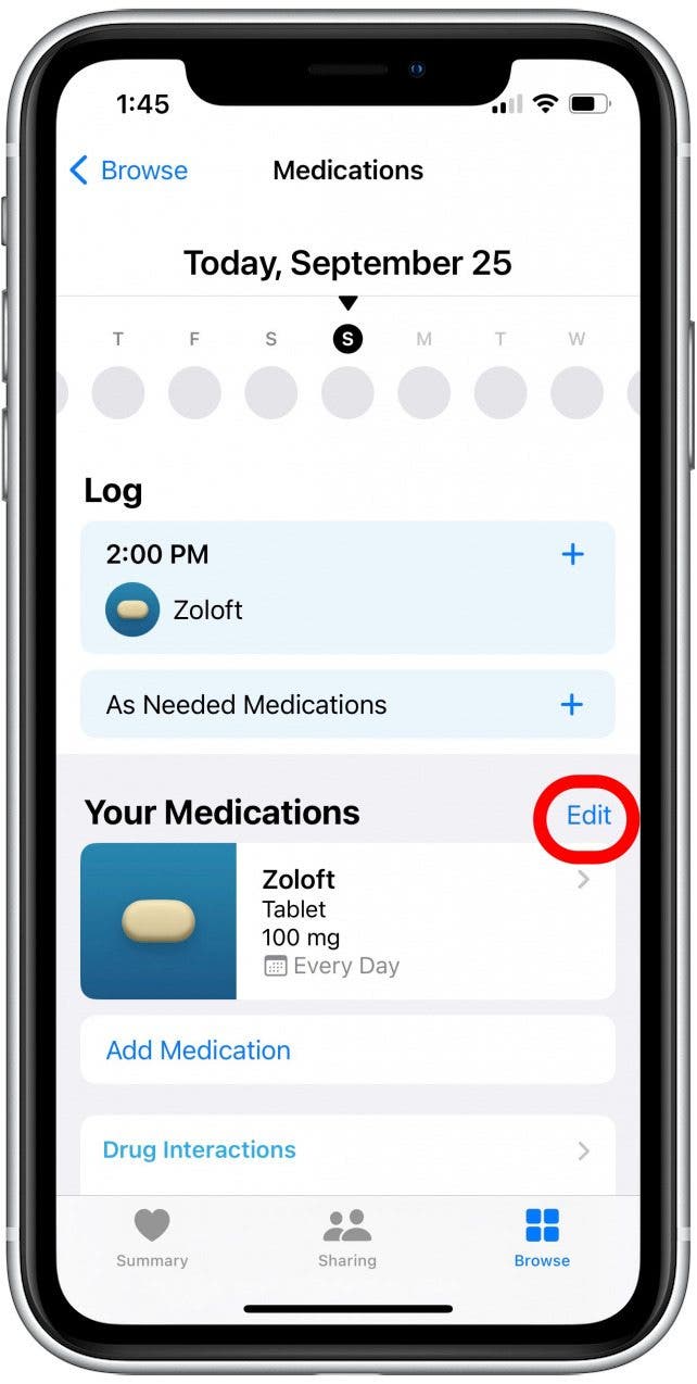 Como alternativa, en la pantalla Medicamentos, puede tocar Editar junto al medicamento que dejó de tomar.