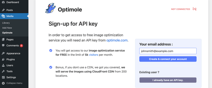 Necesita una clave API de Optimole