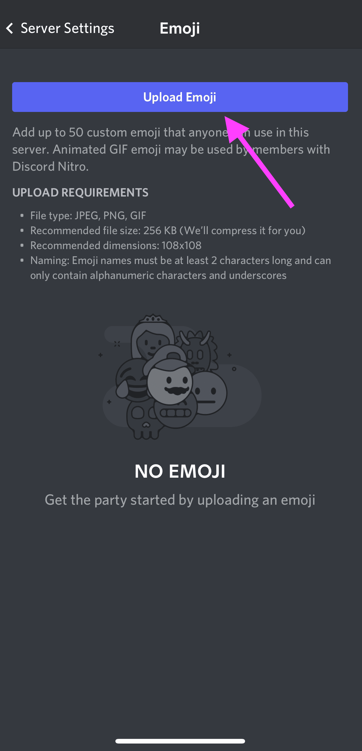 cargar opciones de emoji en la configuración del servidor de discordia