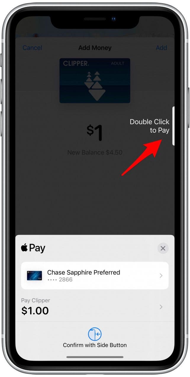   Haz doble clic en el botón lateral (o en el botón de inicio en un iPhone antiguo) para completar el pago. 