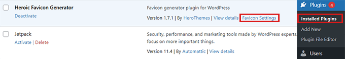 Después de activar el complemento, haga clic en Configuración de Favicon