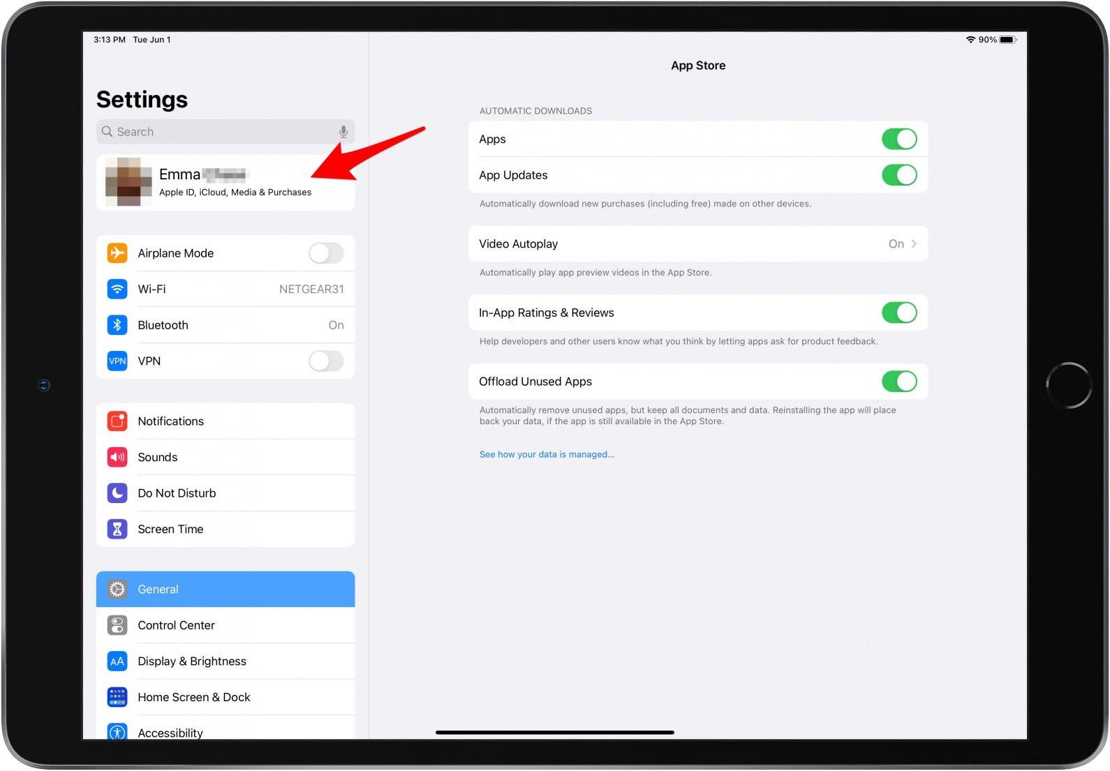 Toque su perfil de ID de Apple para hacer una copia de seguridad y vender iPad