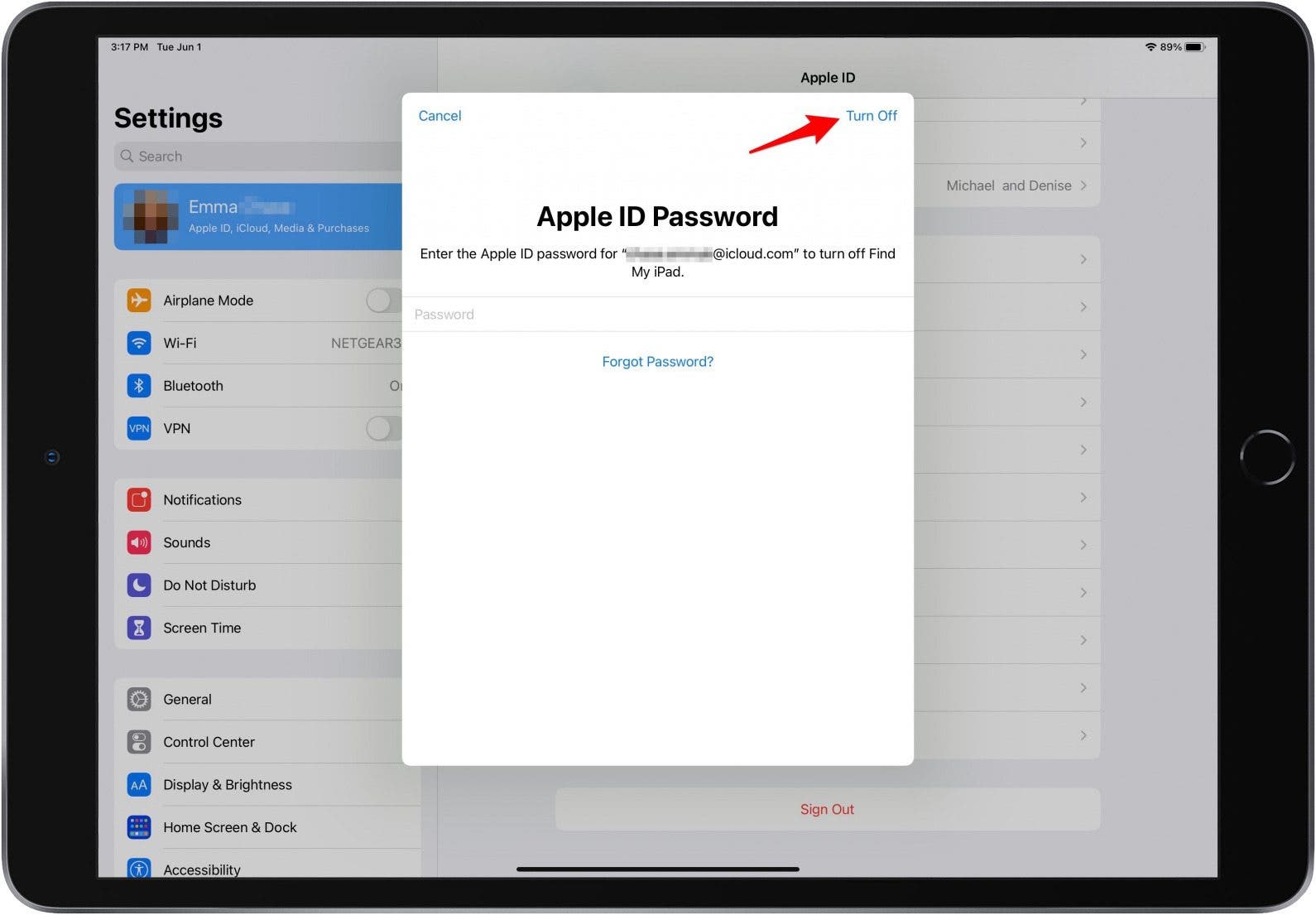 Toque Apagar para apagar iCloud en iPad para vender iPad