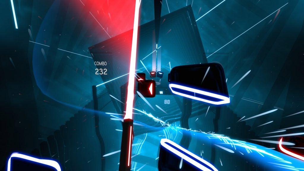 Captura de pantalla de un juego de realidad virtual llamado Beat Saber