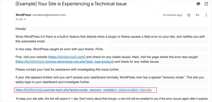 Correo electrónico de WordPress sobre un problema técnico en su sitio