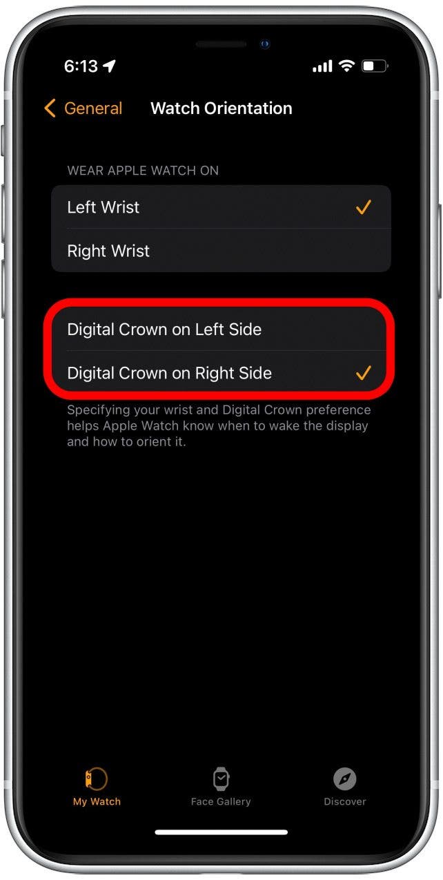 Si ha seleccionado la muñeca correcta y desea voltear la pantalla de su Apple Watch, hay dos opciones en la sección inferior: Digital Crown en el lado derecho y Digital Crown en el lado izquierdo.  Elige el lado que prefieras y luego enciende tu reloj físico 
