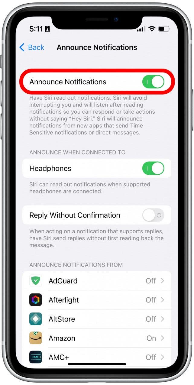 Al tocar el interruptor junto a Anunciar notificaciones, Siri no anunciará notificaciones nunca.