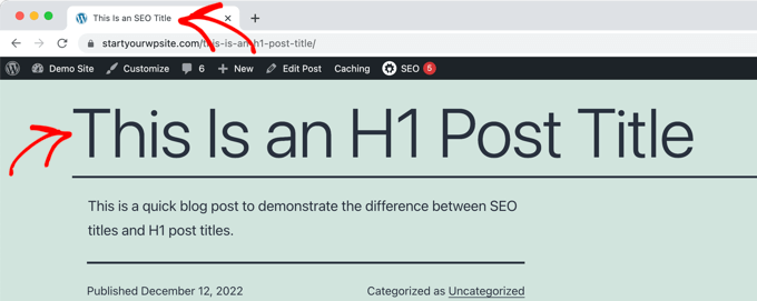 Ejemplo de un título H1 en la publicación y un título SEO en la pestaña del navegador