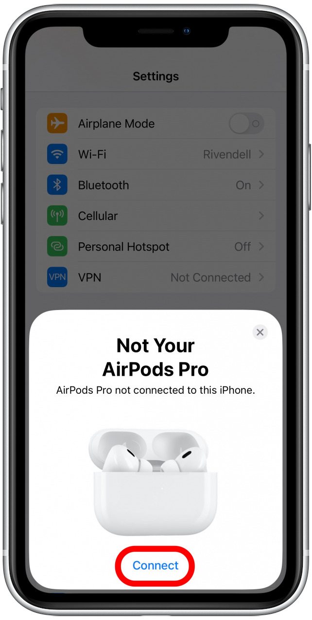 Abre la funda de tus AirPods y, cuando aparezca la pantalla No son tus AirPods en tu iPhone, toca Conectar.