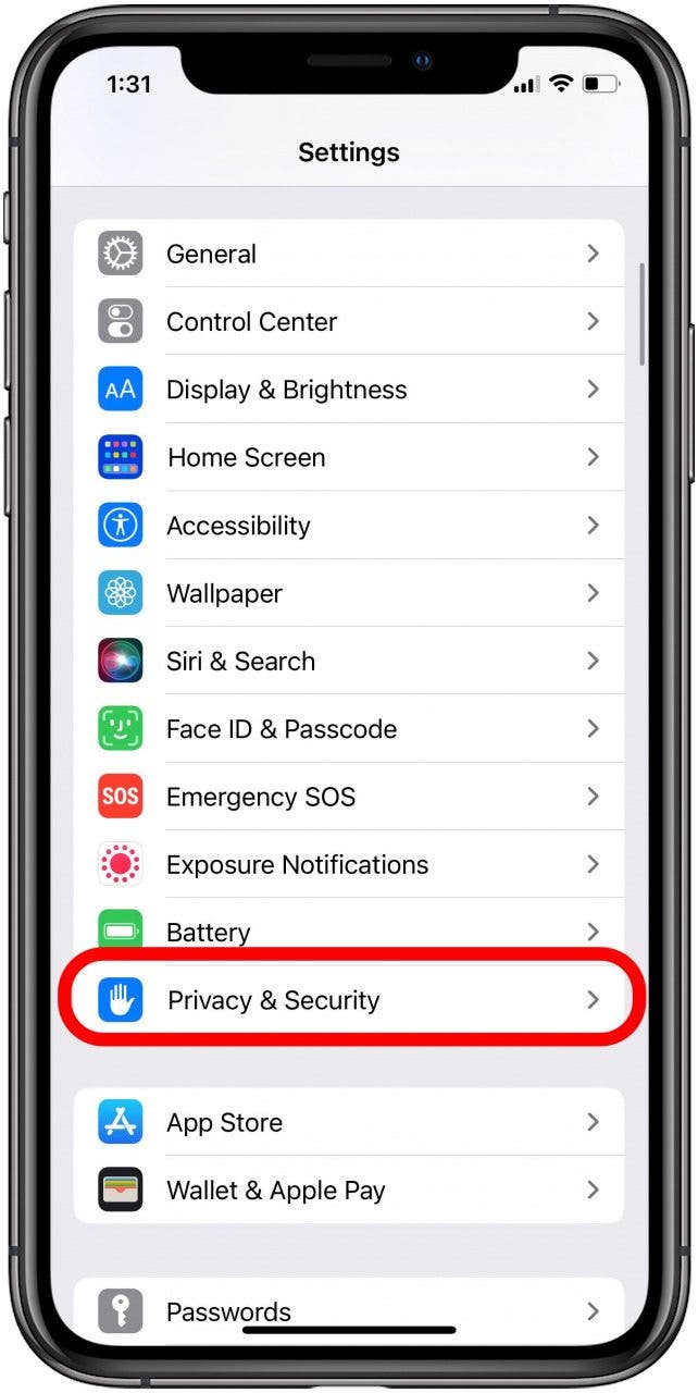 toque la configuración de seguridad y privacidad del iPhone