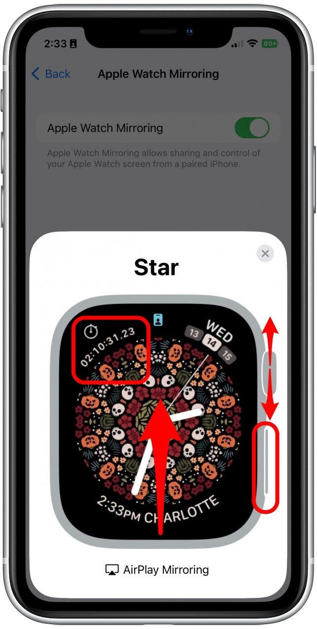 Ahora, puede controlar su Apple Watch tocando la imagen como lo haría con el Apple Watch.  También puede presionar la corona y el botón lateral, así como arrastrar el dedo hacia arriba y hacia abajo sobre la corona para desplazarse.