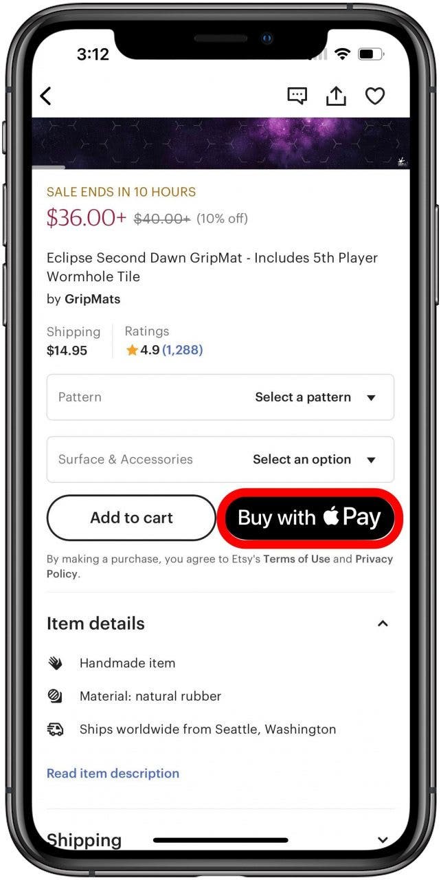 Pantalla de compra de Etsy con el botón Comprar con Apple Pay marcado.