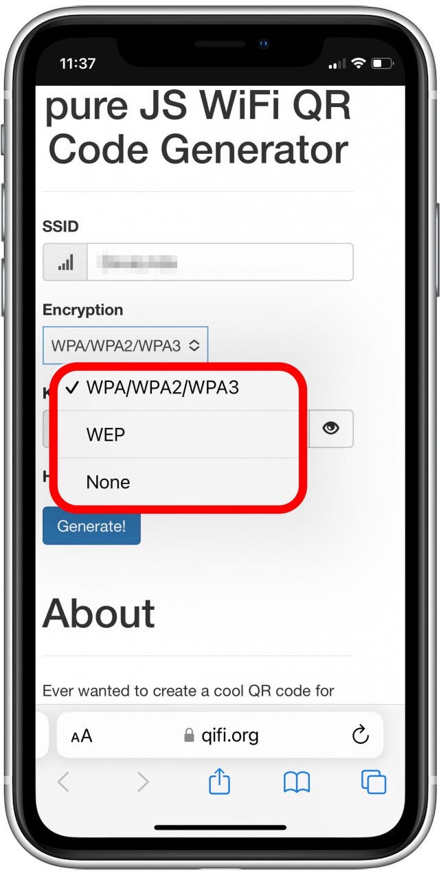 Toque para seleccionar el tipo de encriptación de su Wi-Fi.