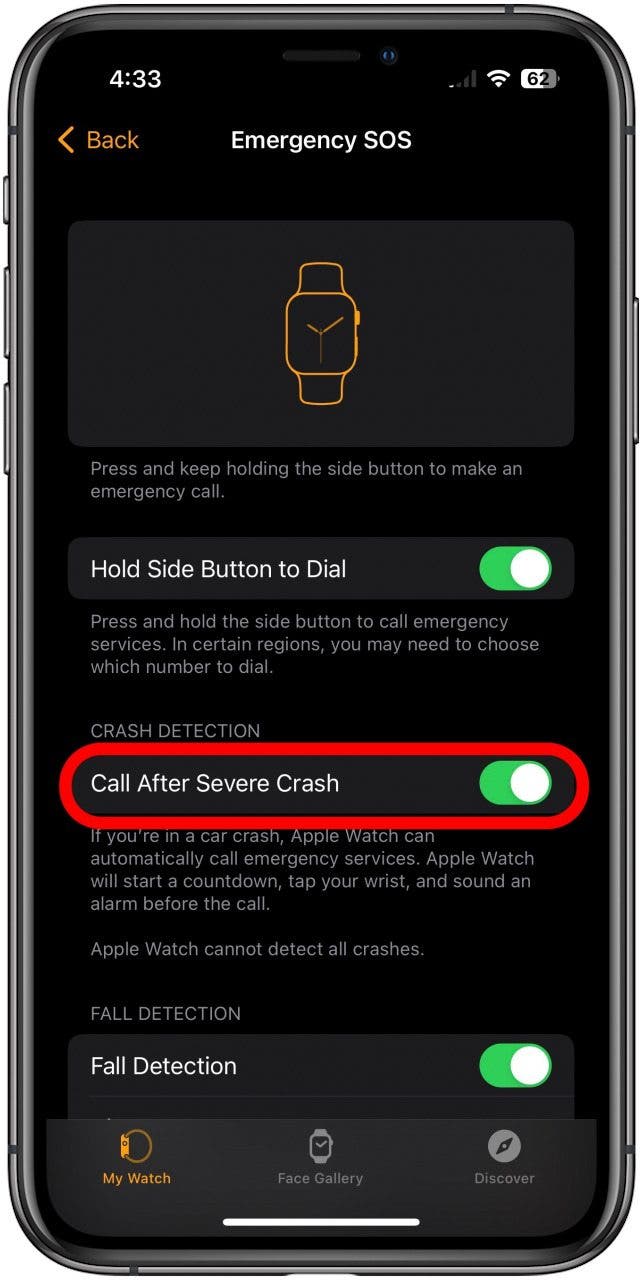 Activar llamada después de un accidente automovilístico grave Apple Watch Detección de accidente automovilístico