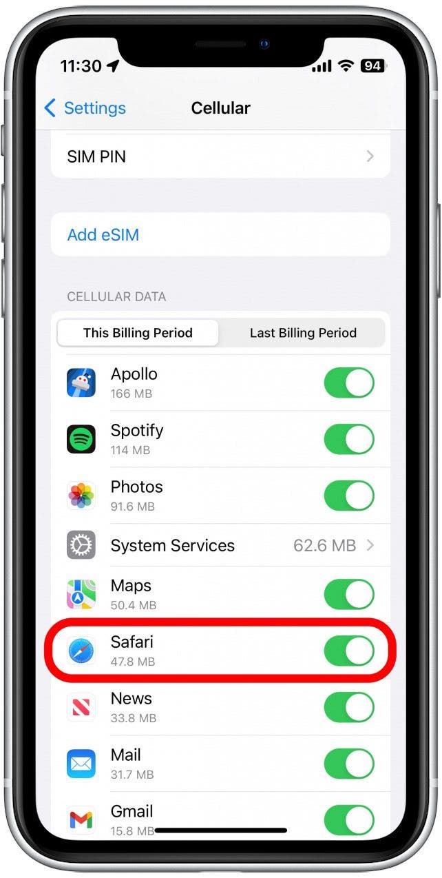 Si la palanca está gris, eso significa que los datos móviles están deshabilitados para Safari.  Tóquelo para encenderlo.