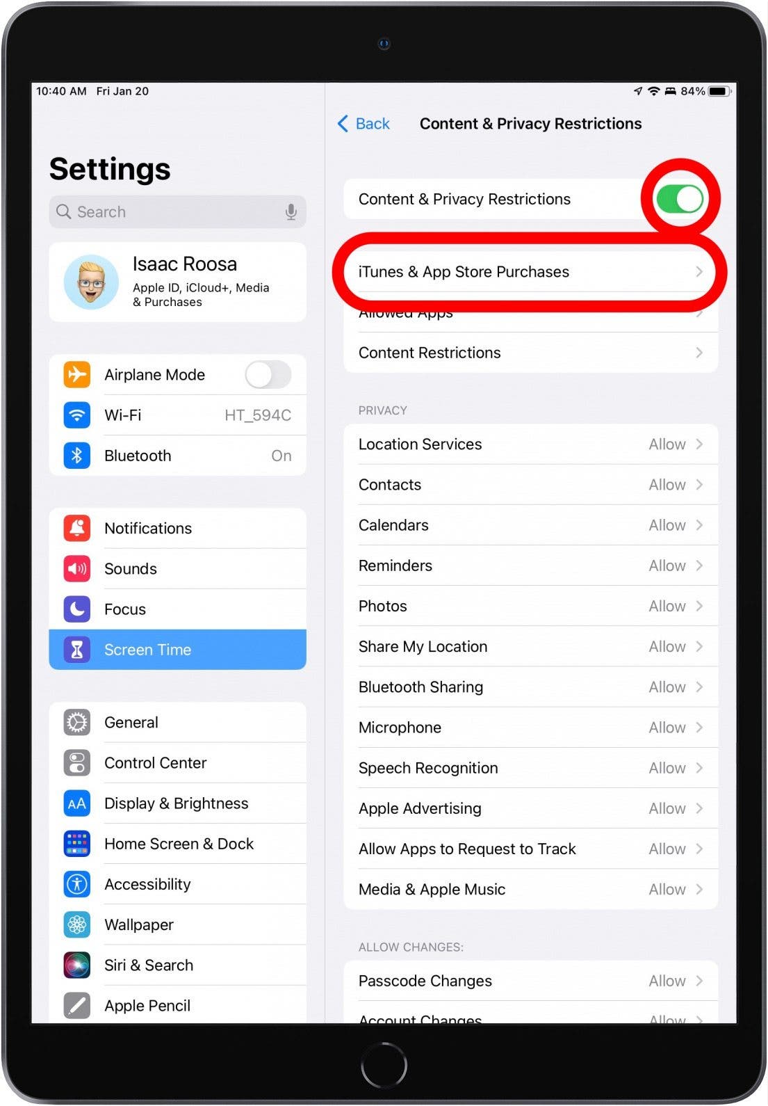 Si las Restricciones de contenido y privacidad están activadas (verde), podrá tocar Compras en iTunes y App Store.