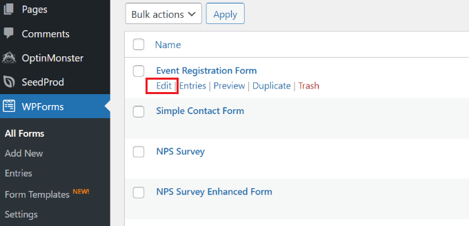 Edite el formulario de registro de su evento