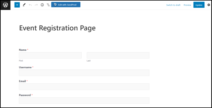 Vista previa del formulario de registro de eventos en el editor de contenido