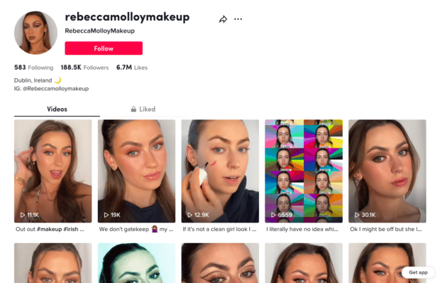 Perfil de TikTok de la maquilladora con sede en Dublín Rebecca Malloy