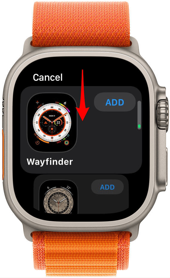 Desplácese hacia abajo deslizando o girando la corona digital hasta que vea la esfera del reloj Wayfinder.