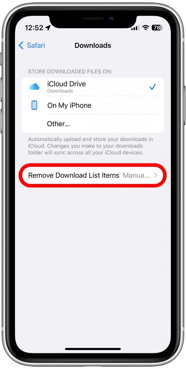 También puede tocar Eliminar elementos de la lista de descargas para cambiar el tiempo que permanece la lista de descargas en Safari.  Esto no elimina los archivos descargados de su iPhone, solo los eliminará de la lista.