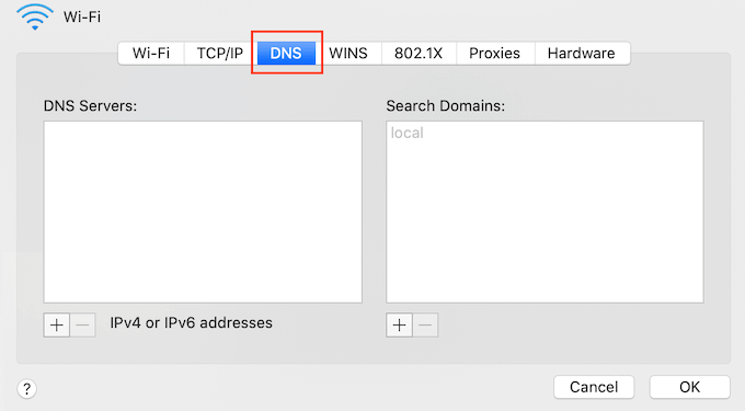 Elija la opción DNS y haga clic en el botón +