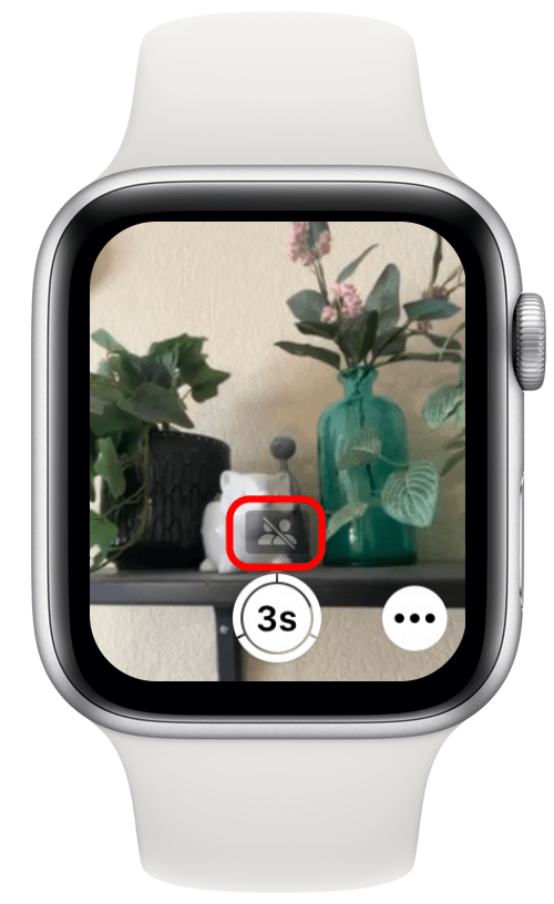 Captura de pantalla de la pantalla de la aplicación de cámara Apple Watch con el ícono de biblioteca compartida oscurecido con una barra oblicua