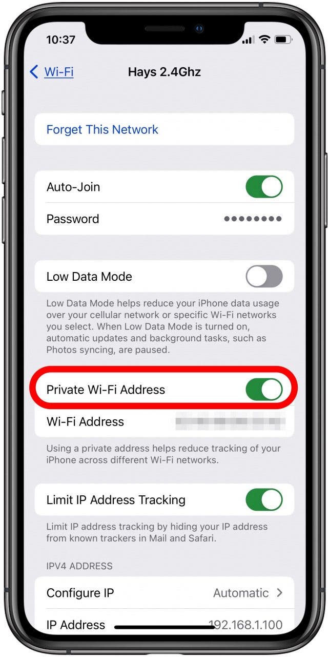 activar la dirección wifi privada ifphone