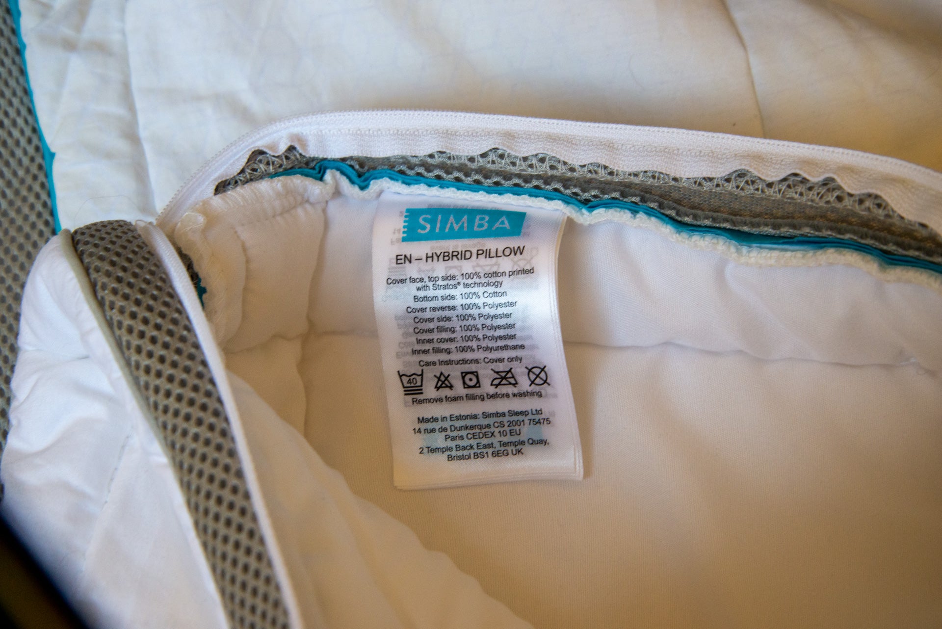 Instrucciones de lavado de la almohada híbrida Simba