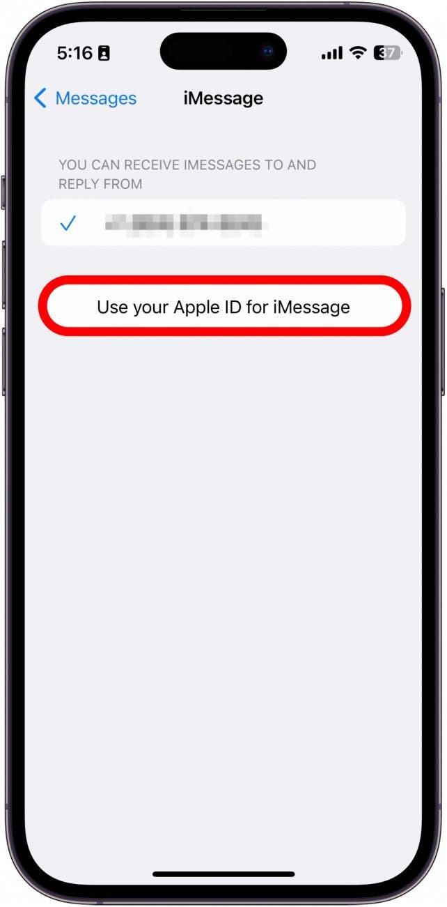 Toque Usar su ID de Apple para iMessage.