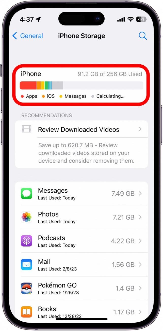 Aquí, puede ver cuánto almacenamiento tiene su iPhone y qué datos están ocupando actualmente su dispositivo.