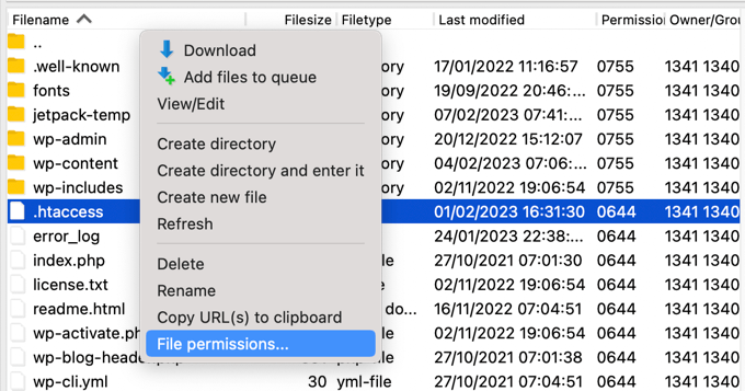 Selección de permisos de archivo desde el menú de su cliente FTP