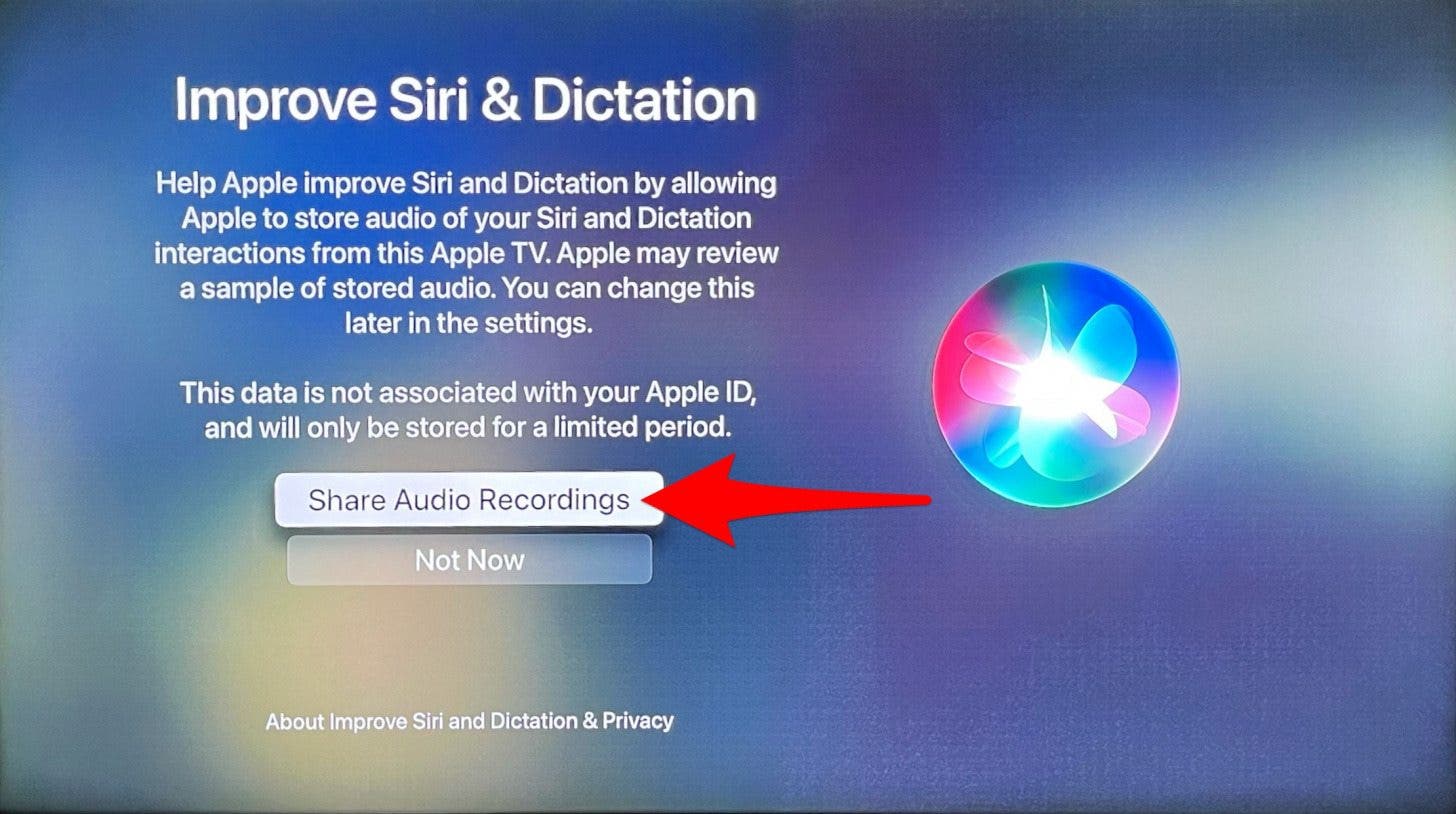 Finalmente, podrá ayudar a Mejorar Siri y Dictado haciendo clic en Compartir grabaciones de audio.