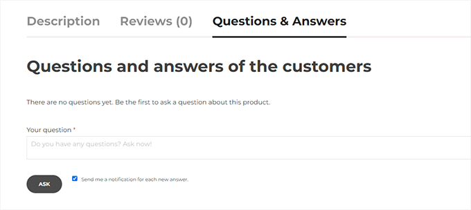 Formulario de preguntas debajo de las páginas de productos