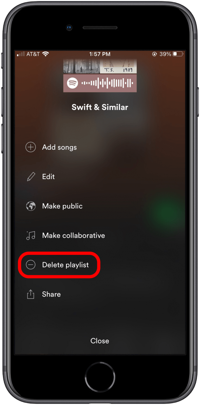 Seleccione Eliminar lista de reproducción para eliminar la lista de reproducción de Spotify de su iPhone