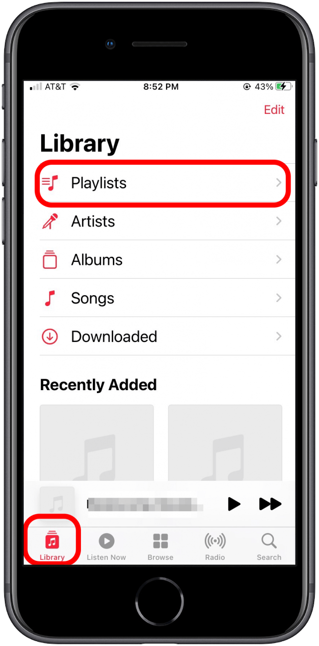 Seleccione la vista Biblioteca y Listas de reproducción en la aplicación Apple Music.